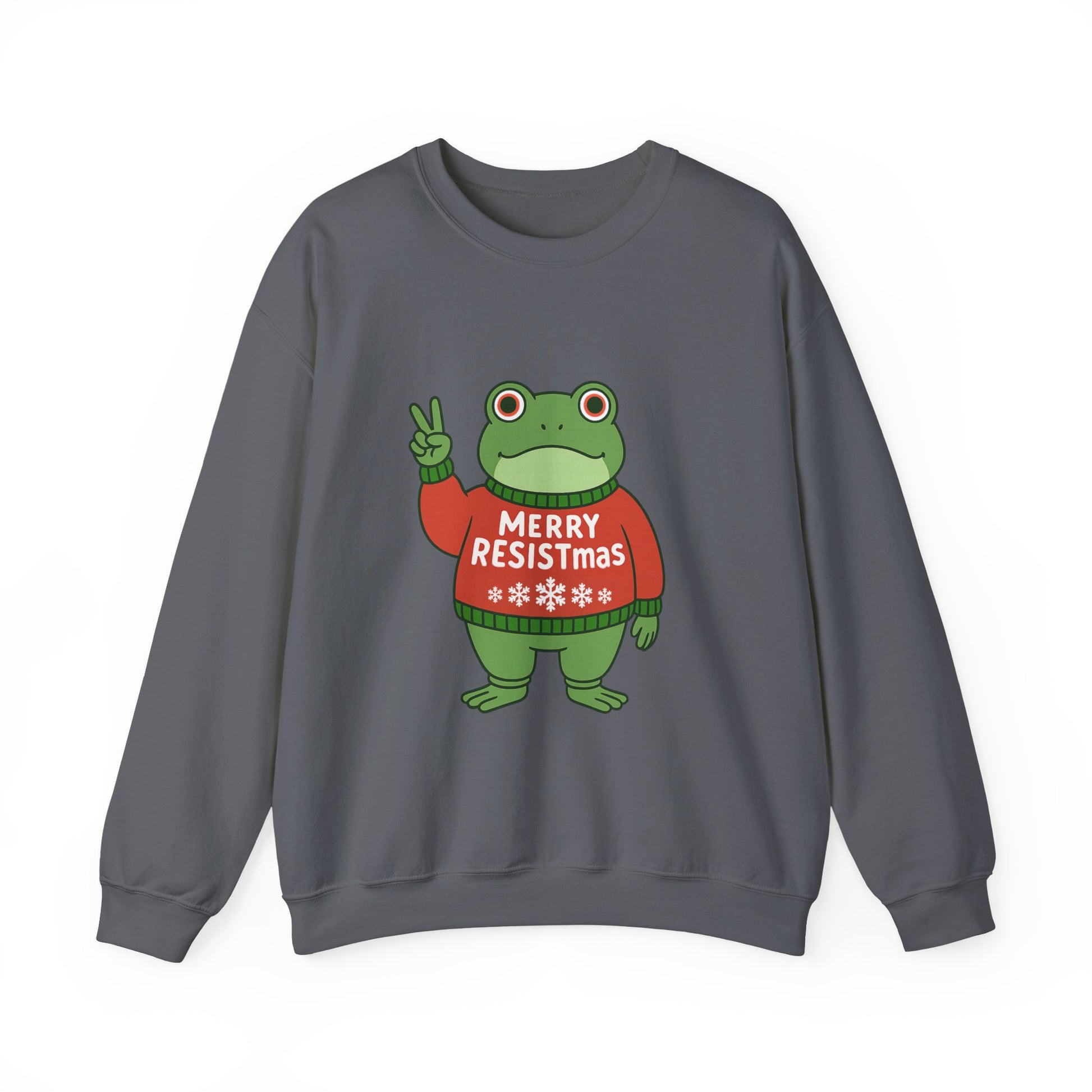 Gray sweatshirt with the Portland protest frog wearing a sweater displaying 'Merry Resistmas' by empowHERbyHeidi