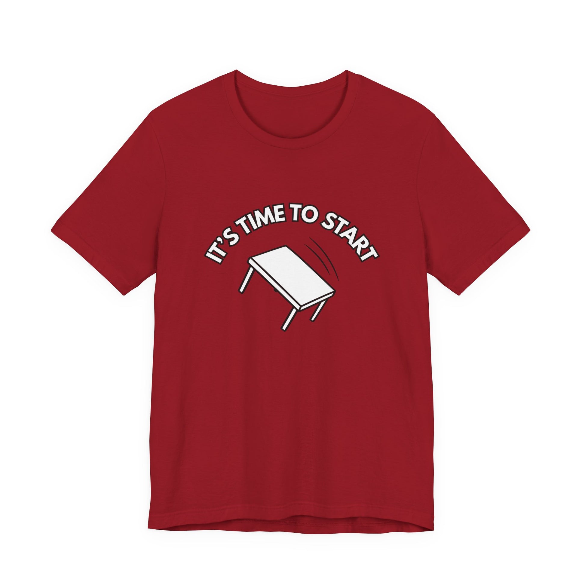 Red t-shirt with a flipping table graphic and text "It's time to start" by empowHER by Heidi