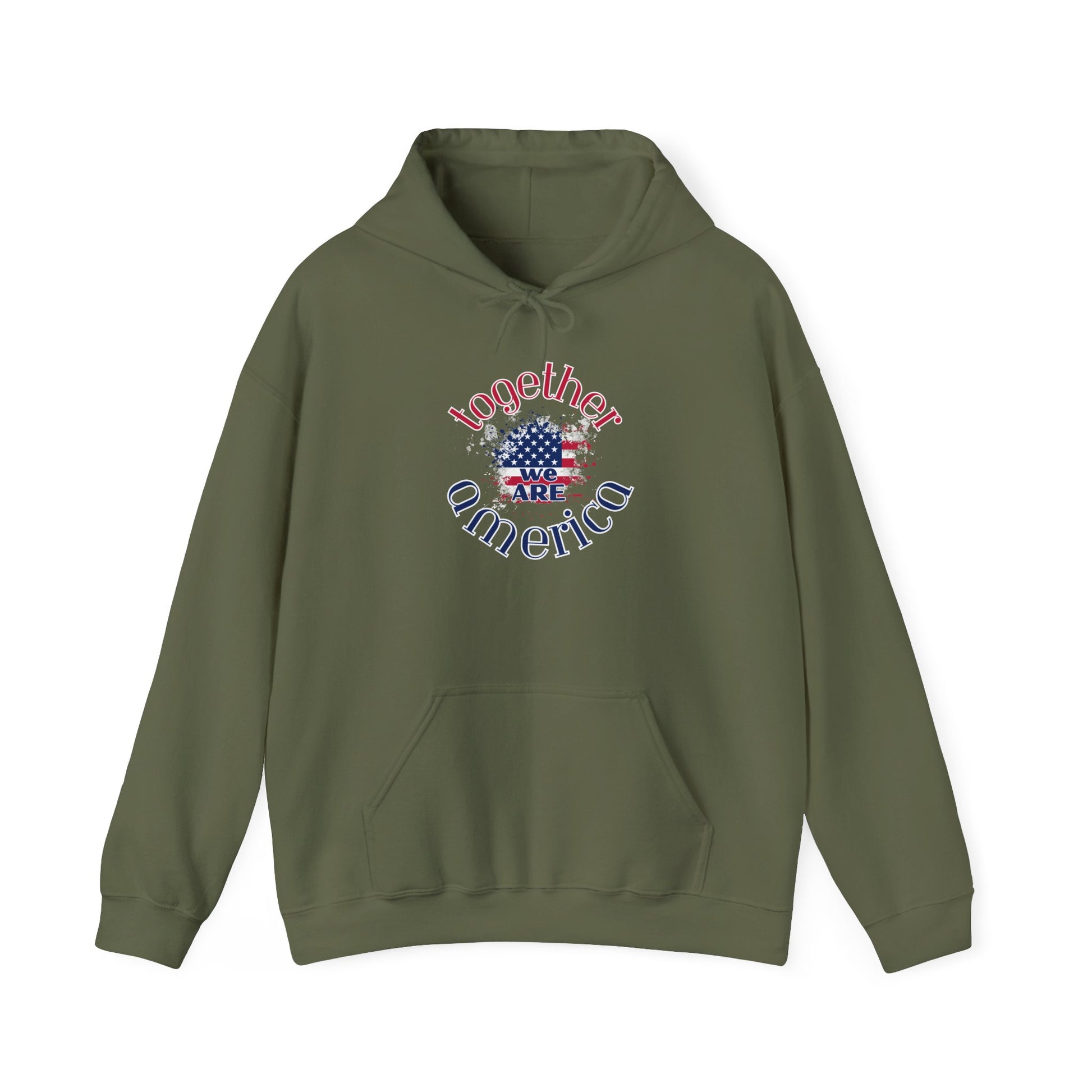 Military green hoodie with 'Together We Are America' text and flag design by empowHER by Heidi