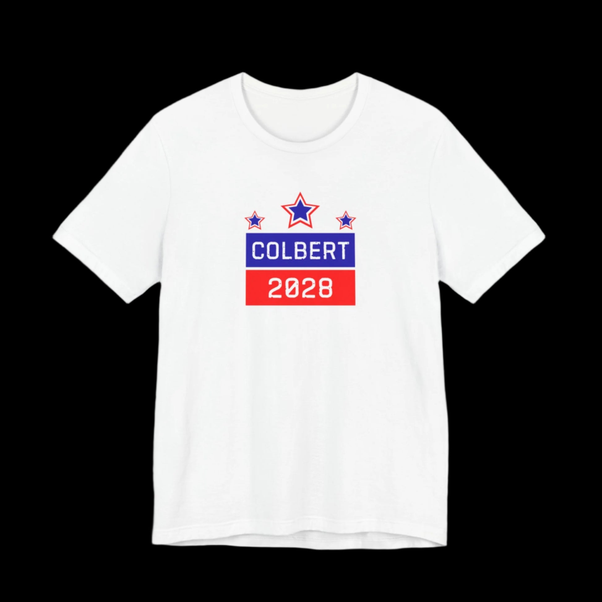 White t-shirt with 'Colbert 2028' text and design on a black background