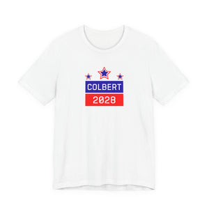 White t-shirt with 'Colbert 2028' text and design on a black background