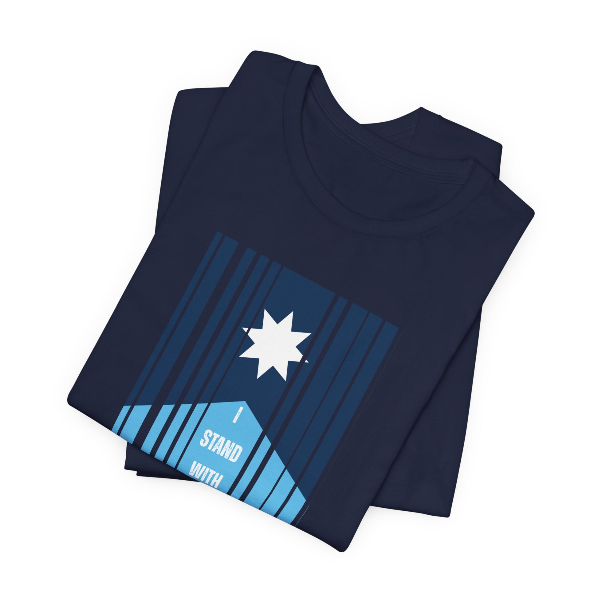 Folded navy blue t-shirt with a stylized Minnesota flag and text "I Stand with MN" by empowHER by Heidi