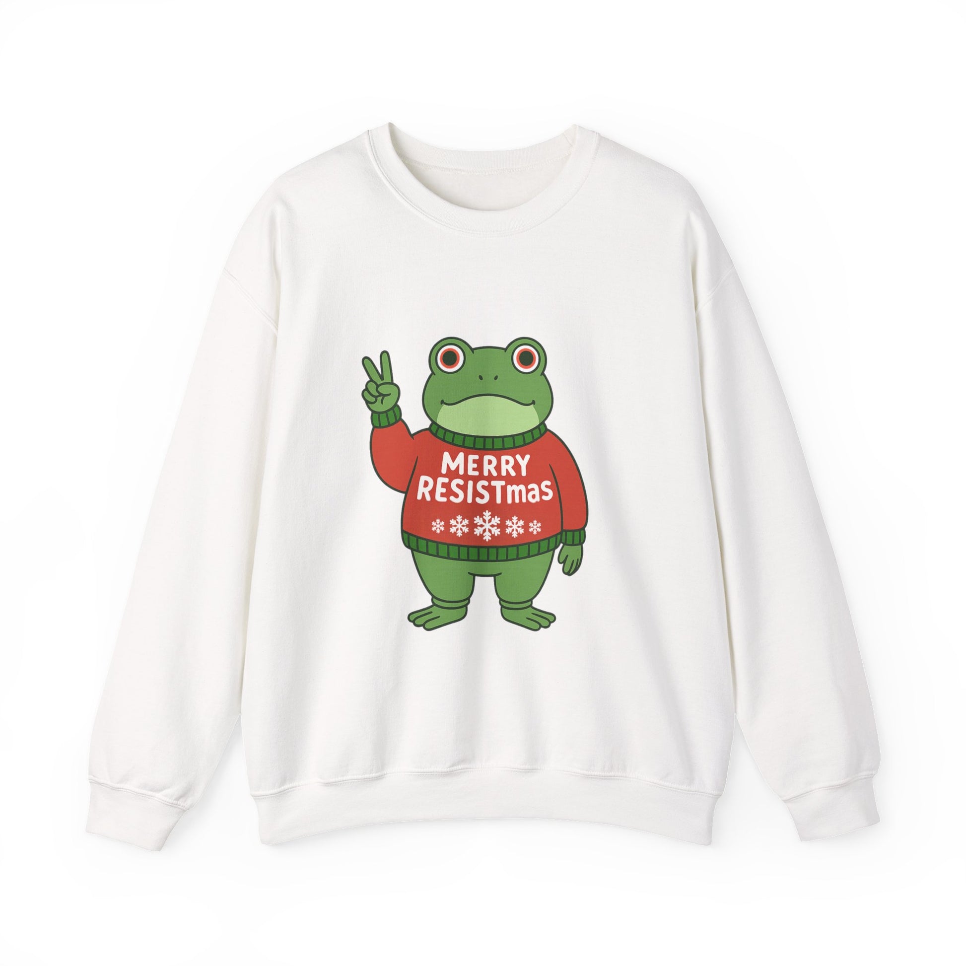 White sweatshirt with the Portland protest frog wearing a sweater displaying 'Merry Resistmas' by empowHERbyHeidi