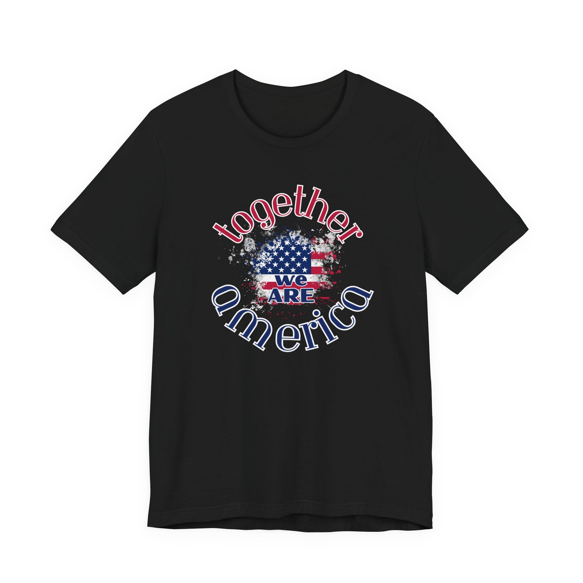 Black t-shirt with 'Together We Are America' graphic design on a white background
