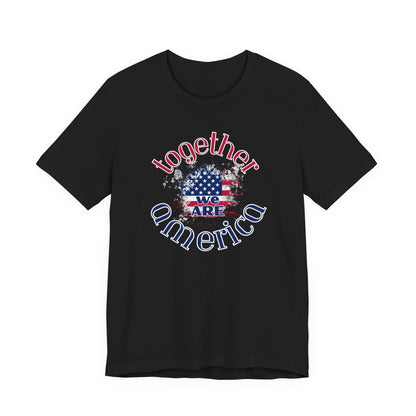 Black t-shirt with 'Together We Are America' graphic design on a white background