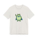 Heather cement t-shirt with a bold graphic of the Portland protest frog—red eyes, blue cape, and unimpressed face by empowHERbyHeidi