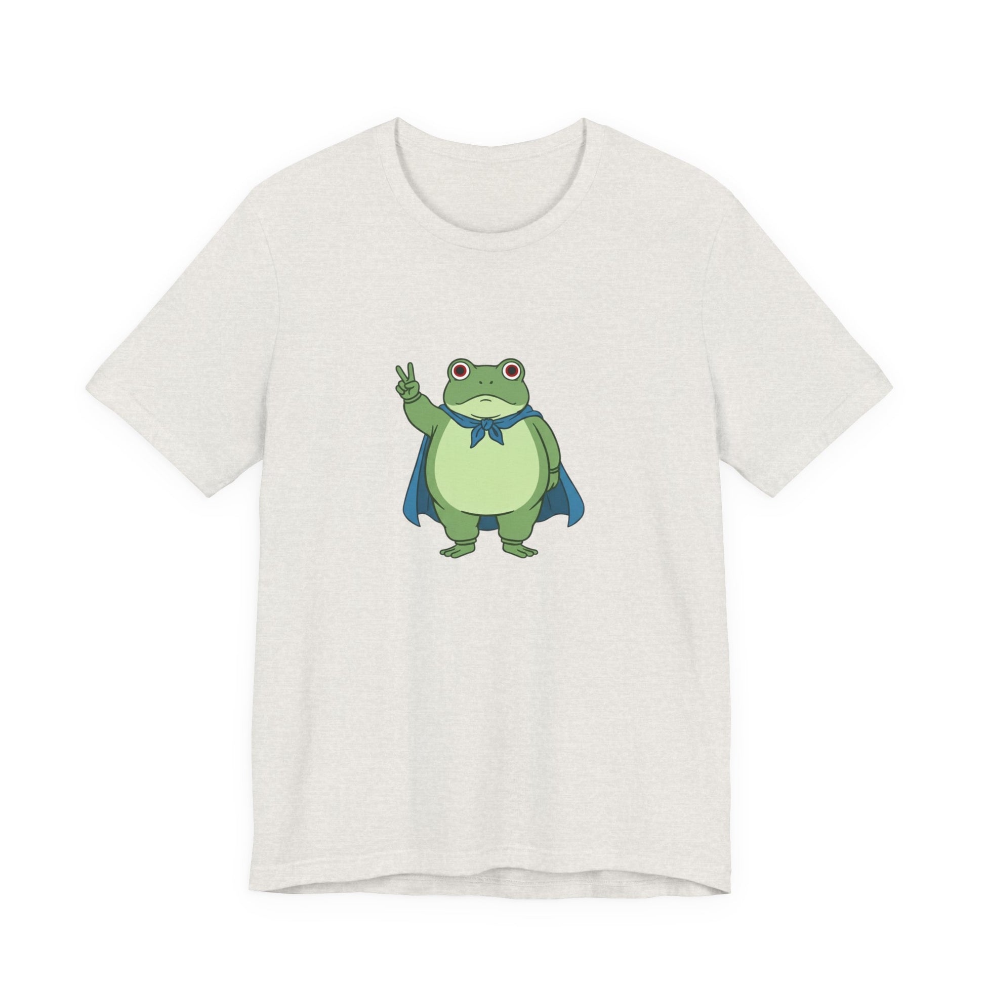 Heather cement t-shirt with a bold graphic of the Portland protest frog—red eyes, blue cape, and unimpressed face by empowHERbyHeidi