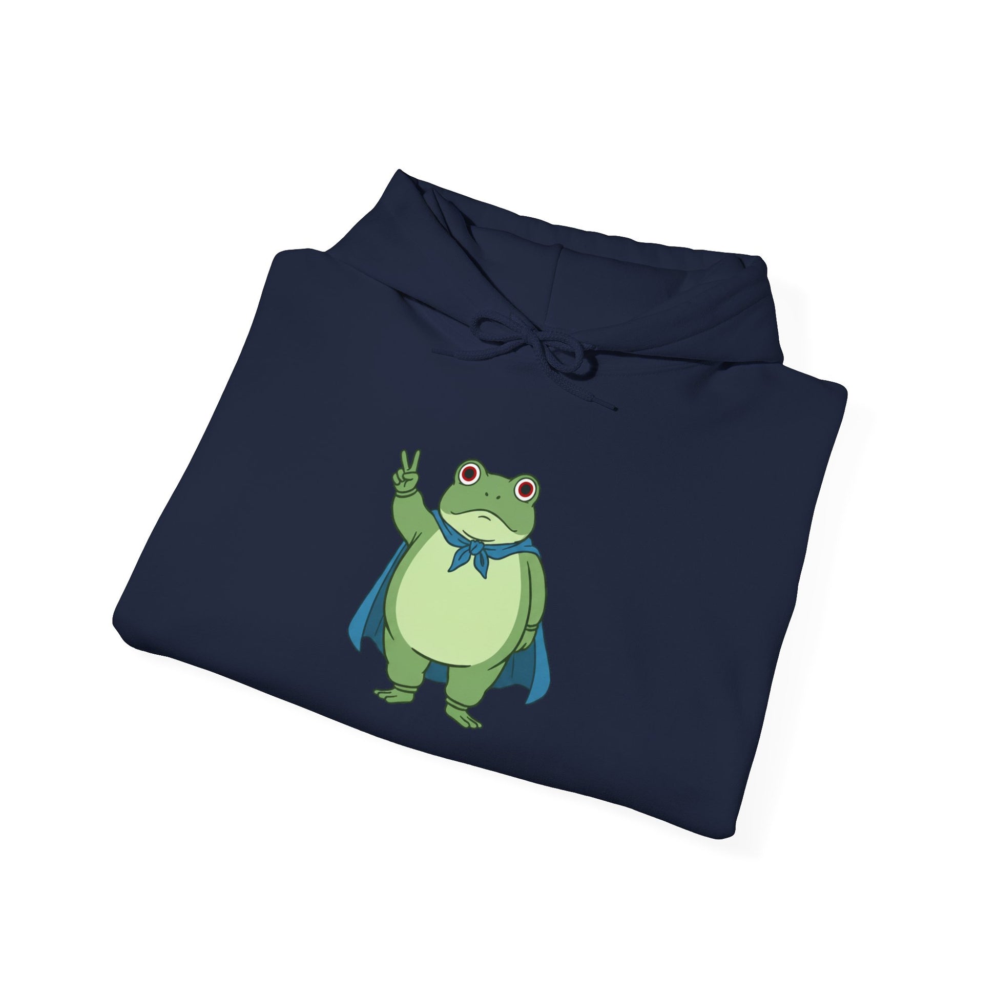 Navy fleece hoodie with a bold graphic of the Portland protest frog—red eyes, blue cape, and unimpressed face by empowHERbyHeidi