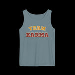 Ice blue tank top with 'Team Karma' text on a black background