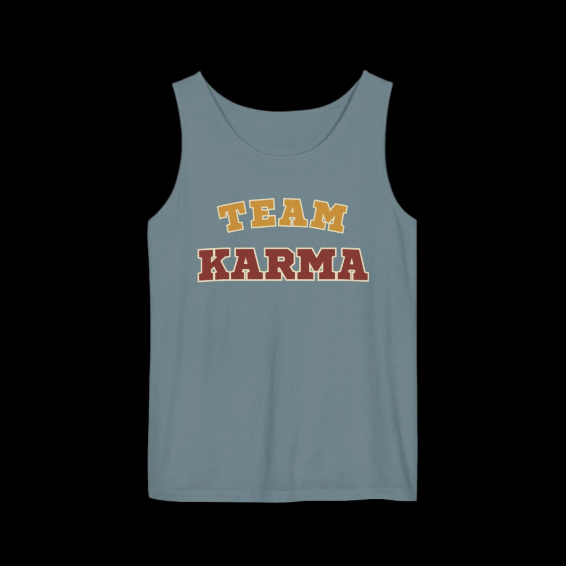 Ice blue tank top with 'Team Karma' text on a black background