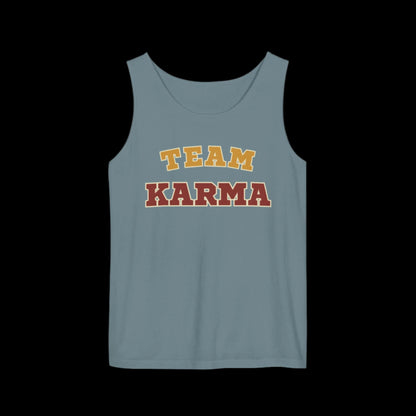 Ice blue tank top with 'Team Karma' text on a black background