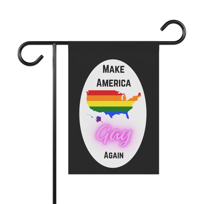 Garden flag with text "Make America Gay Again" with a Pride flag map of the United States by empowHER by Heidi