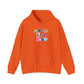 Orange hoodie with colorful text "radical left scum" design by empowHER by Heidi