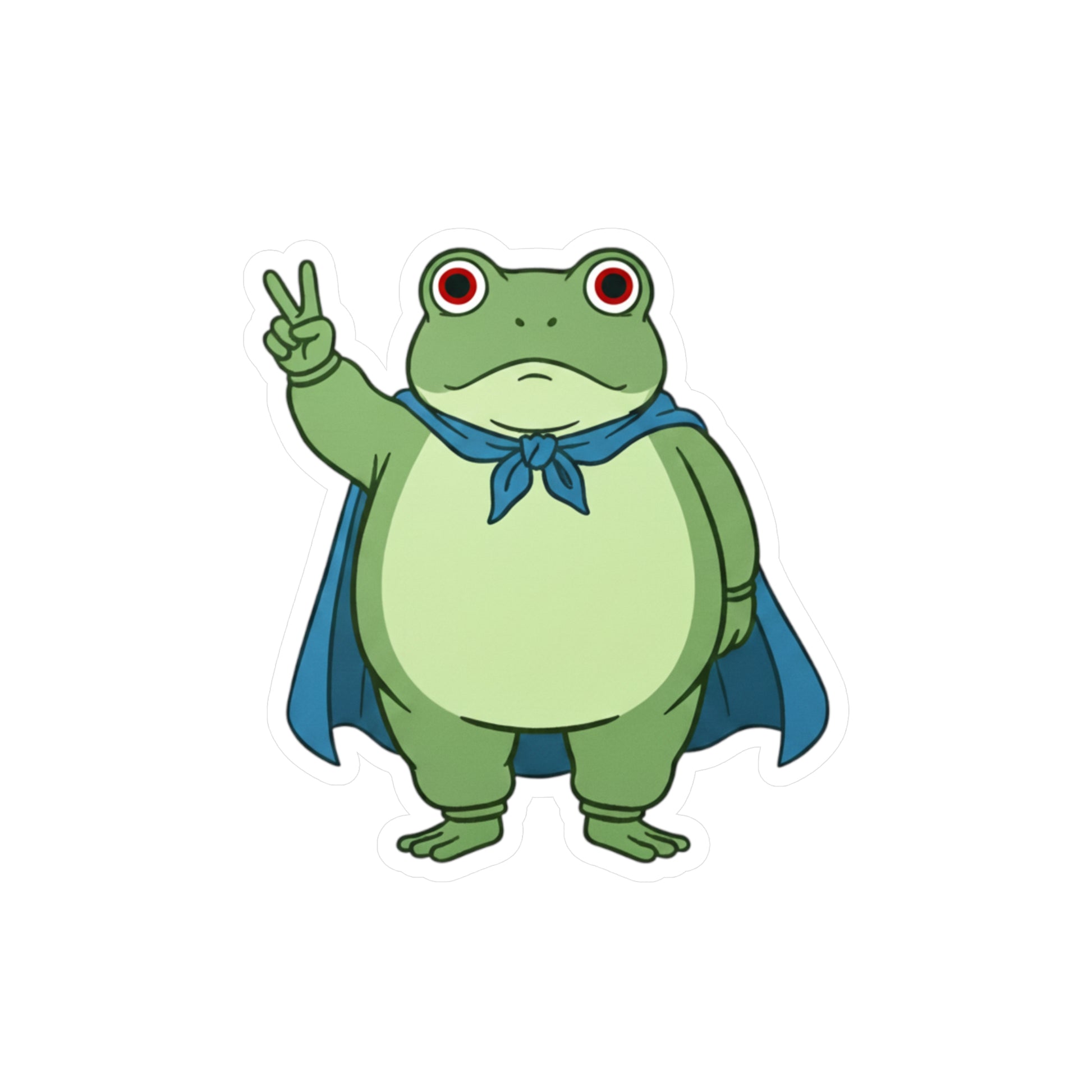 Cartoon-style vinyl sticker of the Portland protest frog with red eyes, blue cape, and downturned mouth by empowHERbyHeidi