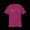 Gender Inclusive Pronouns She/They (rainbow text) T-Shirt - Heliconia