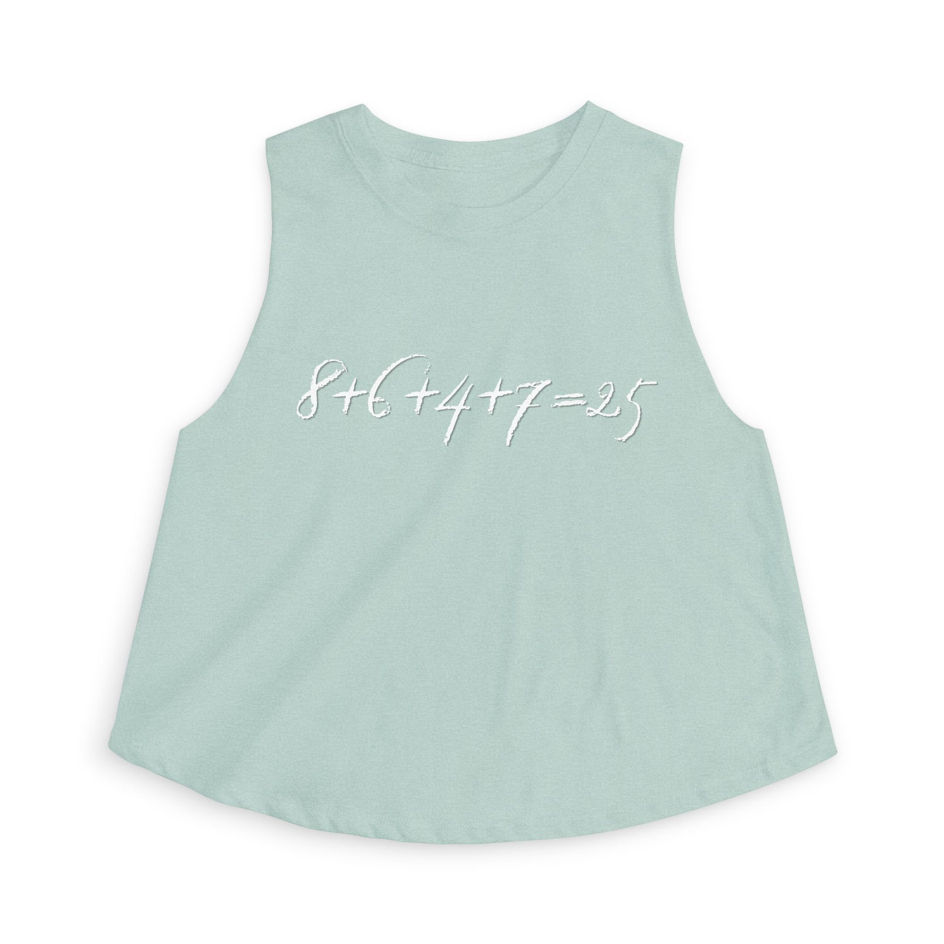 Sage green tank top with the mathematical equation "8+6+4+7=25" text by empowHER by Heidi