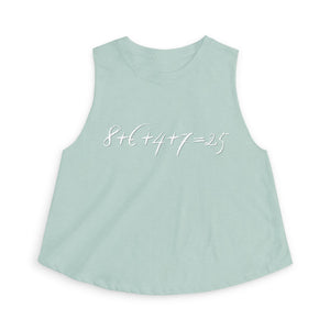 Sage green tank top with the mathematical equation "8+6+4+7=25" text by empowHER by Heidi
