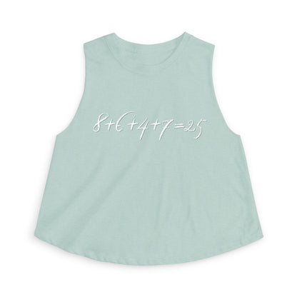 Sage green tank top with the mathematical equation "8+6+4+7=25" text by empowHER by Heidi