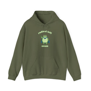 Green hoodie with a graphic of the Portland protest frog and text "radical left scum" by empowHER by Heidi