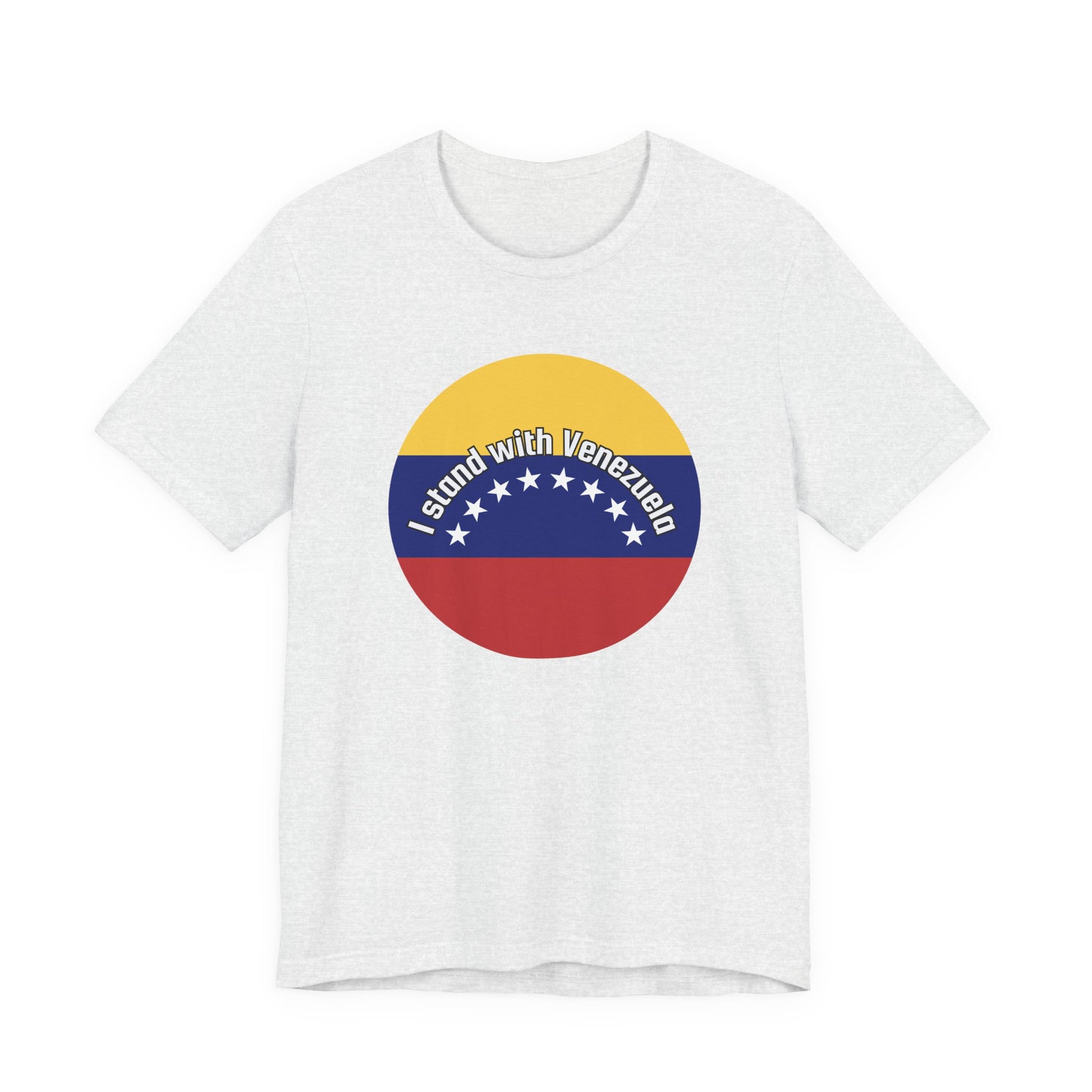 Ash gray t-shirt with a circular design featuring the Venezuelan flag and 'I stand with Venezuela' text by empowHER by Heidi