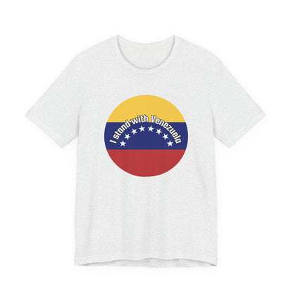 Ash gray t-shirt with a circular design featuring the Venezuelan flag and 'I stand with Venezuela' text by empowHER by Heidi