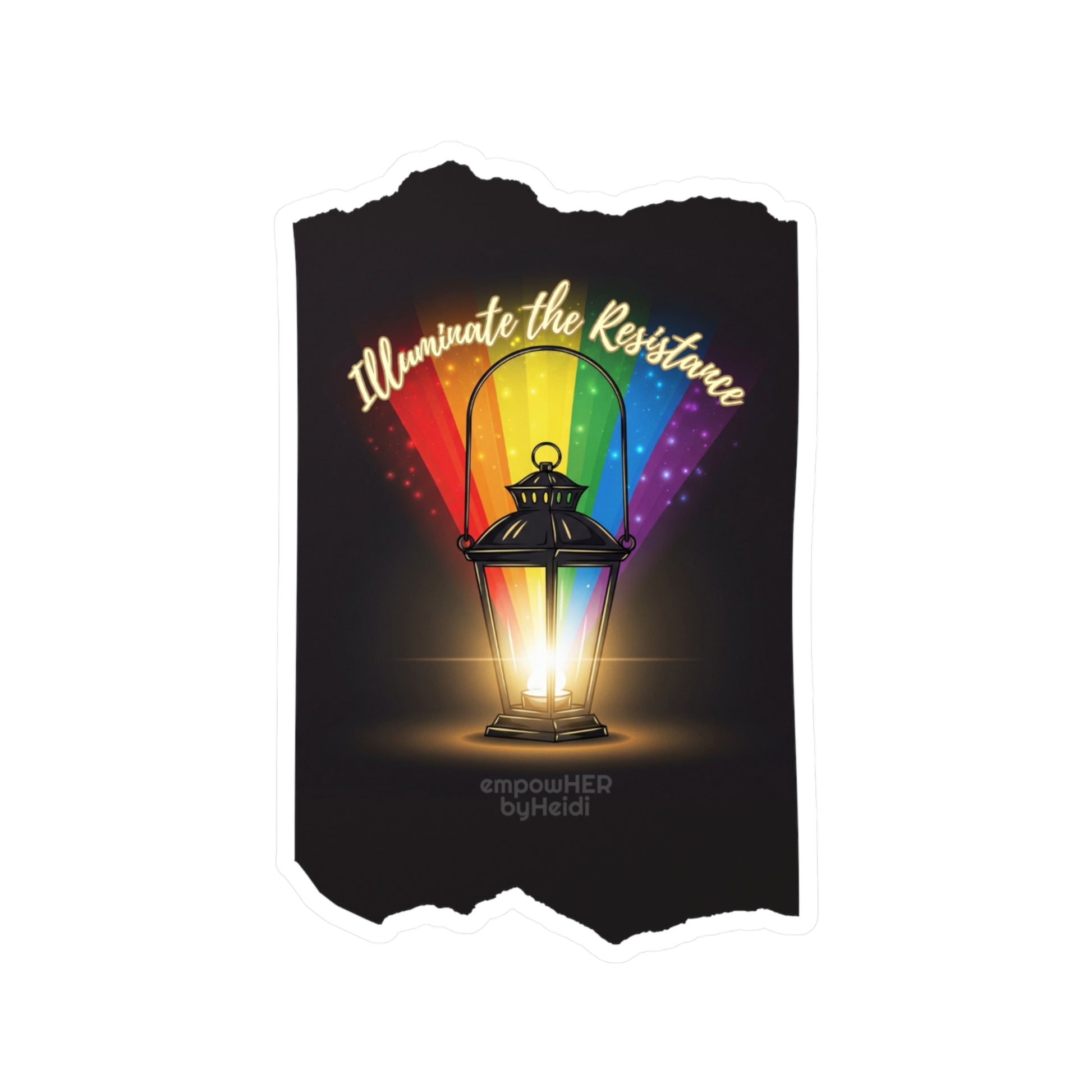 Sticker with the design of a lantern with rainbow light and 'Illuminate the Resistance' text by empowHER by Heidi