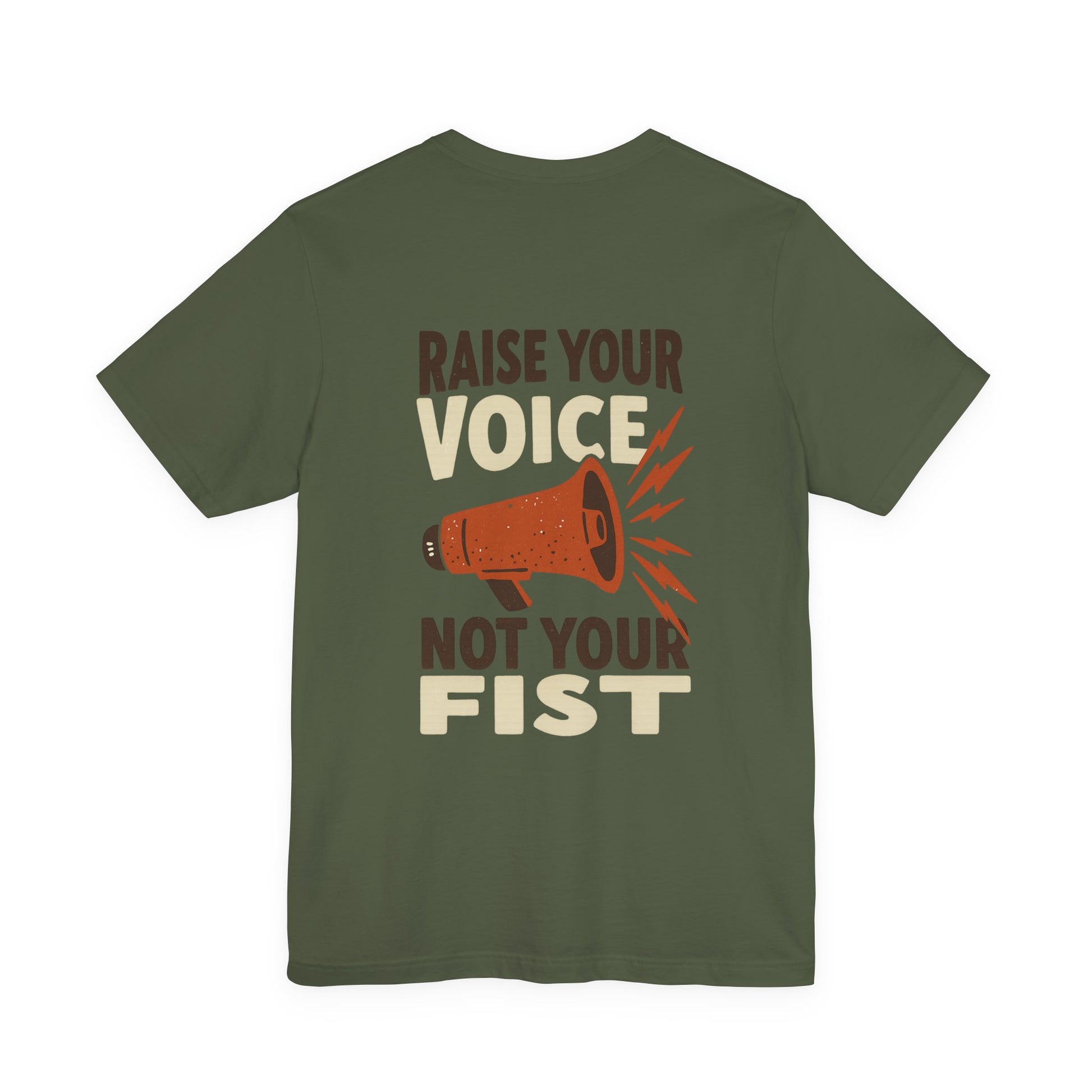 Green t-shirt with motivational message 'Raise your voice not your fist' – empowHER by Heidi political protest apparel