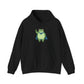 Black fleece hoodie with a bold graphic of the Portland protest frog—red eyes, blue cape, and unimpressed face by empowHERbyHeidi