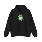 Black fleece hoodie with a bold graphic of the Portland protest frog—red eyes, blue cape, and unimpressed face by empowHERbyHeidi