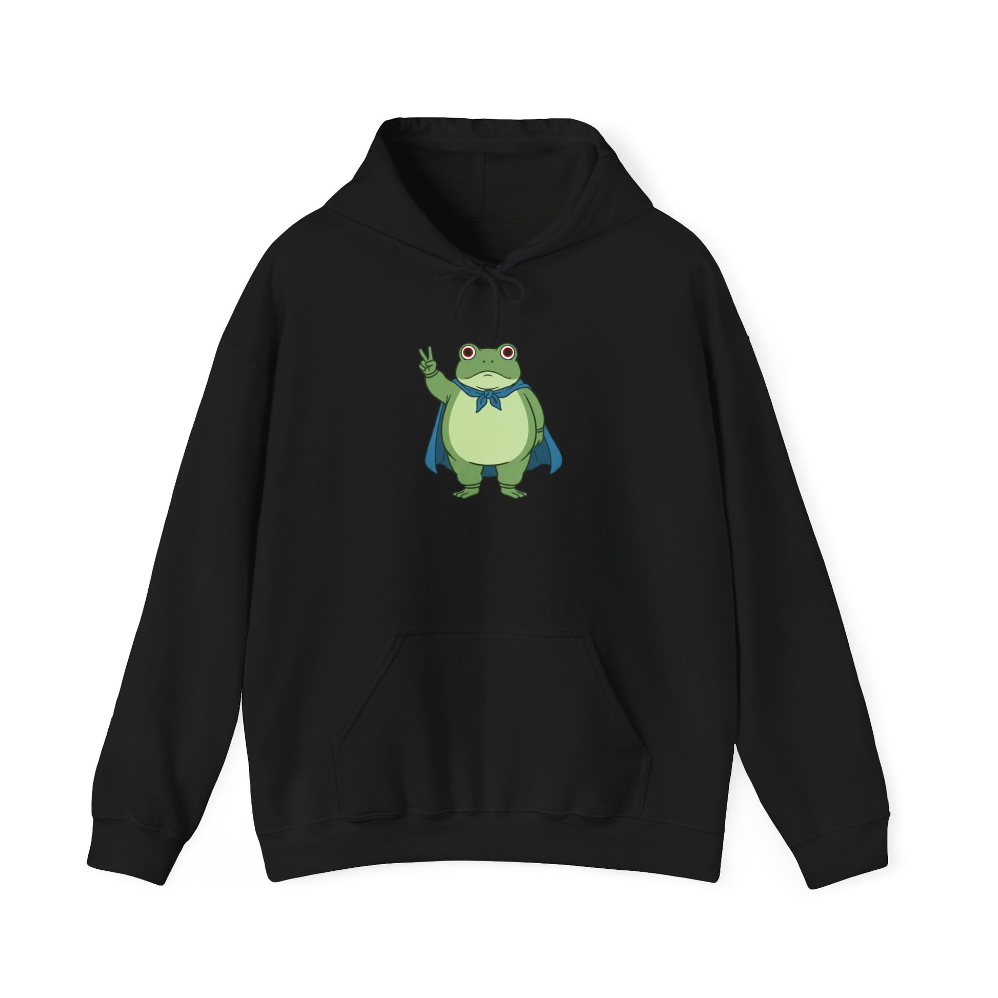 Black fleece hoodie with a bold graphic of the Portland protest frog—red eyes, blue cape, and unimpressed face by empowHERbyHeidi