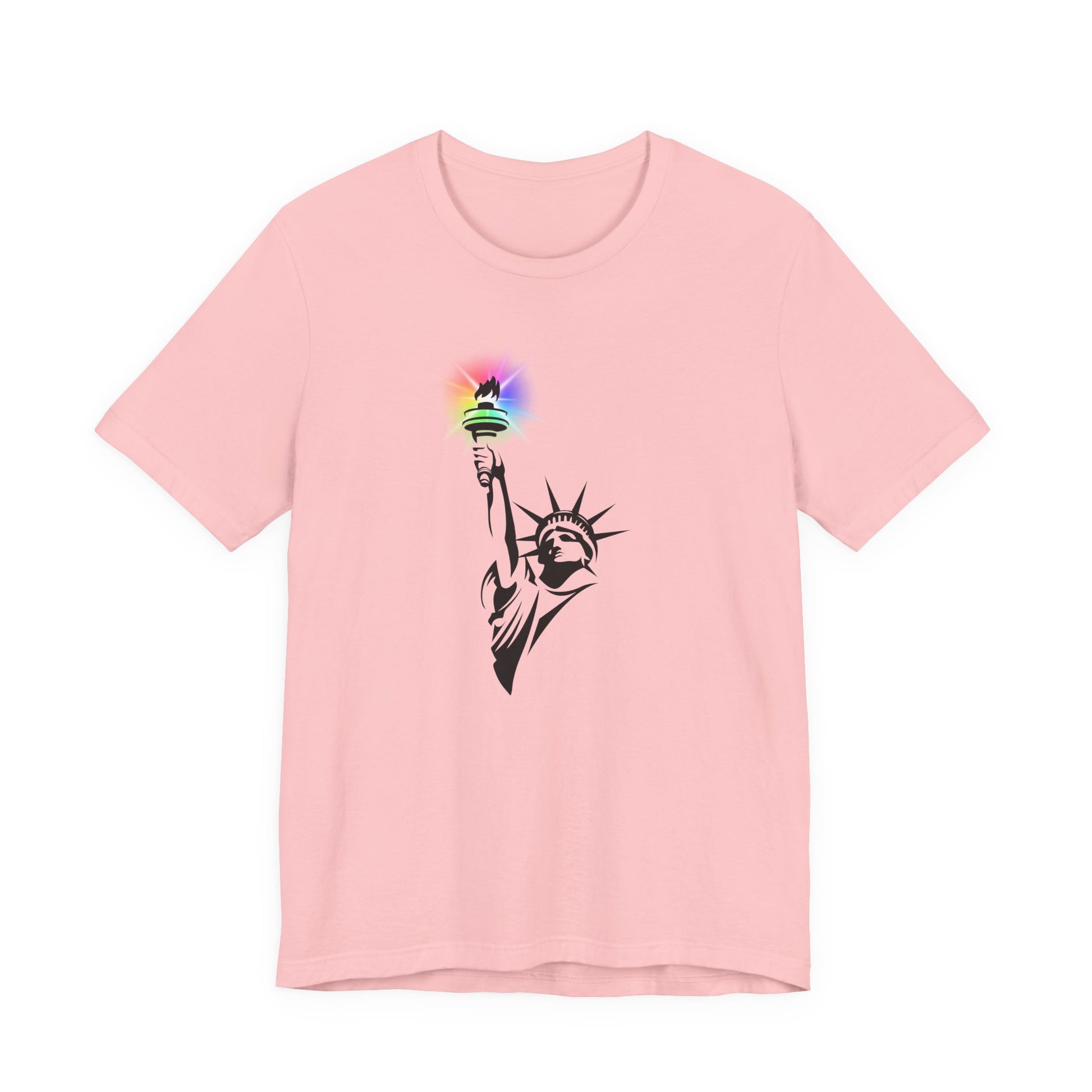 Pink t-shirt with the Statue of Liberty and rainbow Pride colors emitting from her torch by empowHER by Heidi