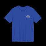 Blue t-shirt with small text on left chest that says "Stop Protecting Predators"
