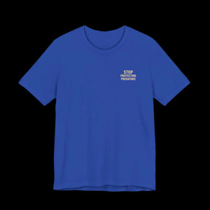 Blue t-shirt with small text on left chest that says "Stop Protecting Predators"