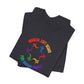 Folded black t-shirt with colorful graphic design and text "Radical left scum for human rights" by empowHER by Heidi