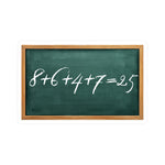 Sticker of a green chalkboard with a mathematical equation written "8+6+4+7=25" on it, framed in wood by empowHER by Heidi