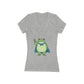 Gray v-neck t-shirt with a protest frog wearing a blue cape white background
