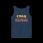 Navy blue tank top with 'Team Karma' text on a black background