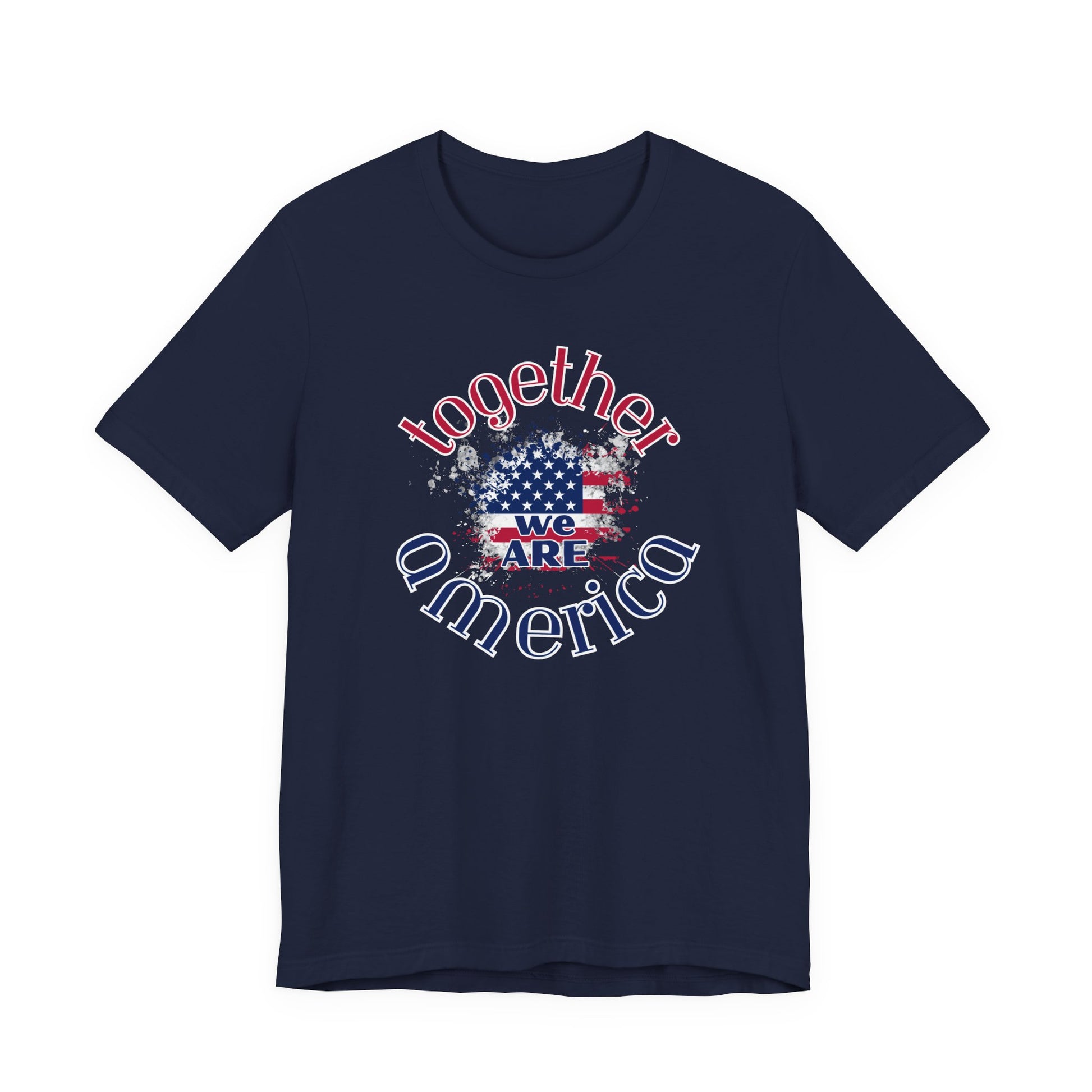 Navy blue t-shirt with 'Together We Are America' graphic design on a white background