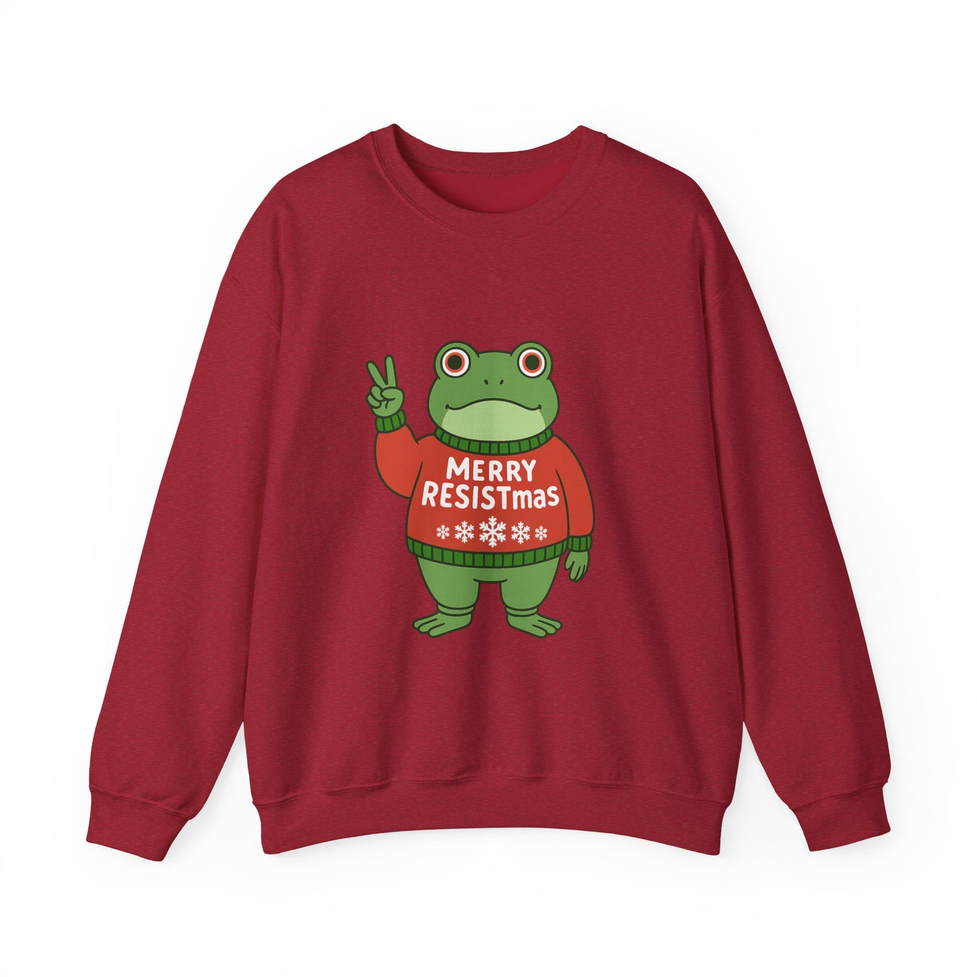 Red sweatshirt with the Portland protest frog wearing a sweater displaying 'Merry Resistmas' by empowHERbyHeidi
