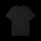 the plain black back of the Simple black and white t-shirt with the words "f*ck fascism" against a black and white striped square