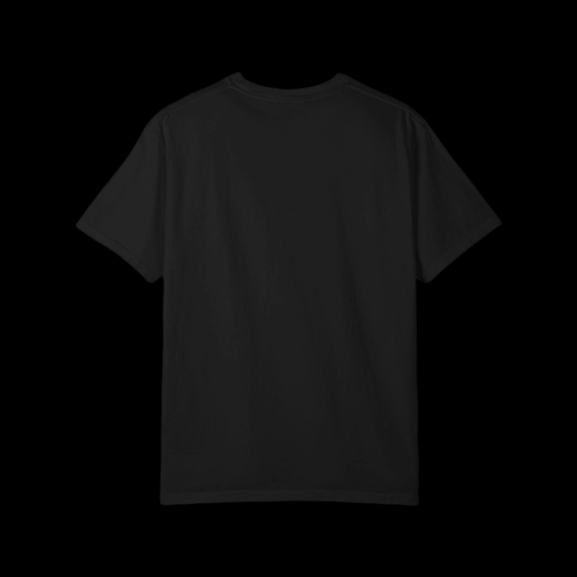 the plain black back of the Simple black and white t-shirt with the words "f*ck fascism" against a black and white striped square