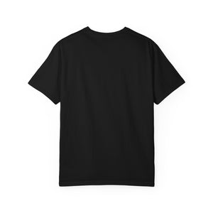 the plain black back of the Simple black and white t-shirt with the words "f*ck fascism" against a black and white striped square