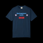 Navy blue t-shirt with 'Springsteen Swift 2028' text and stars on a black background