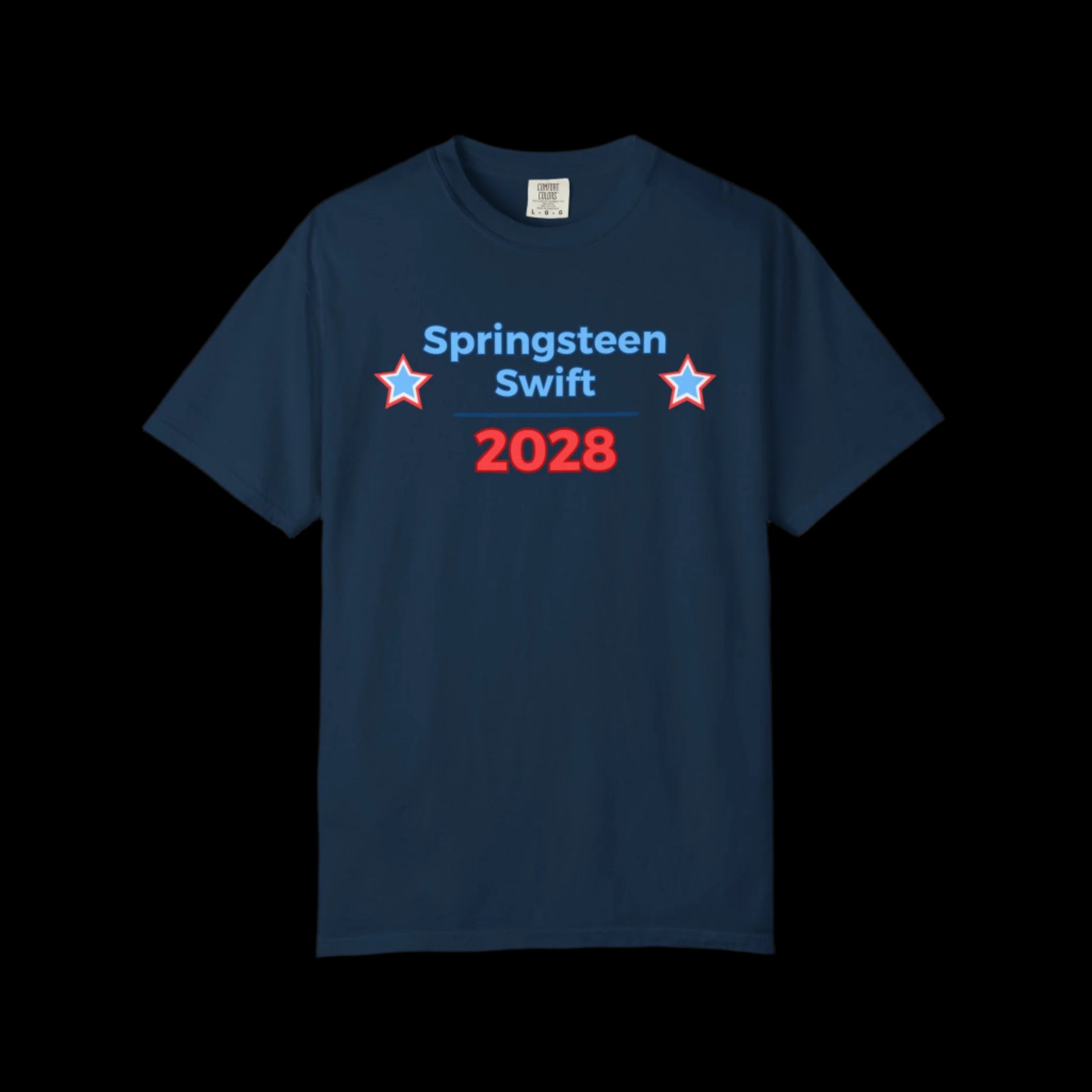 Navy blue t-shirt with 'Springsteen Swift 2028' text and stars on a black background