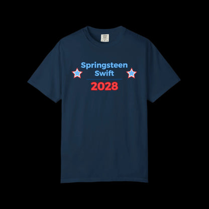 Navy blue t-shirt with 'Springsteen Swift 2028' text and stars on a black background