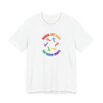 White t-shirt with colorful graphic design and text "Radical left scum for human rights" by empowHER by Heidi