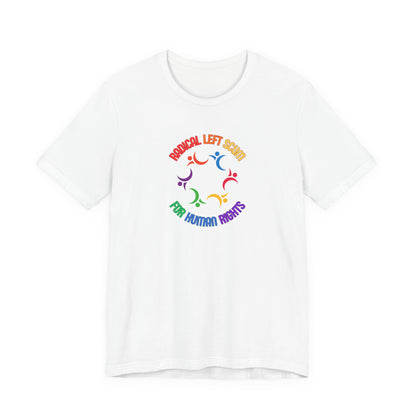 White t-shirt with colorful graphic design and text "Radical left scum for human rights" by empowHER by Heidi