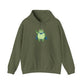 Military green fleece hoodie with a bold graphic of the Portland protest frog—red eyes, blue cape, and unimpressed face by empowHERbyHeidi
