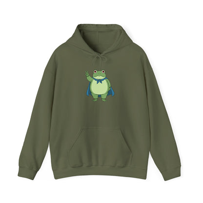 Military green fleece hoodie with a bold graphic of the Portland protest frog—red eyes, blue cape, and unimpressed face by empowHERbyHeidi