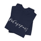 Folded navy blue t-shirt with the mathematical equation "8+6+4+7=25" written in chalk like text by empowHER by Heidi